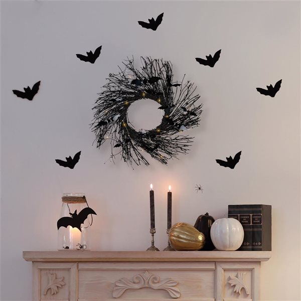 Northlight 22-in Lighted Halloween Twig Wreath with Bats with Warm White LED Lights - Black
