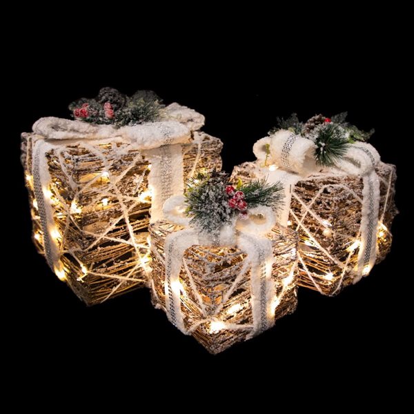 Northlight 3-Pc 9.75-in LED Lighted Gift Boxes with Pine and Berries Christmas Decoration Set