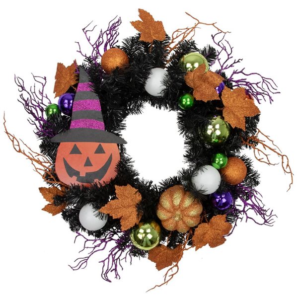 Northlight 24-in Unlit Jack-O-Lantern in Witches Hat Halloween Pine Wreath