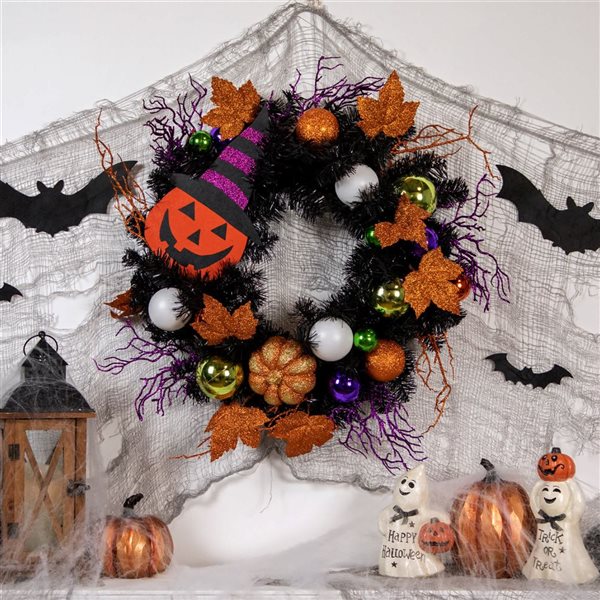 Northlight 24-in Unlit Jack-O-Lantern in Witches Hat Halloween Pine Wreath