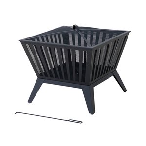 Sunjoy 28-in Suqare Black Steel Wood Burning Fire Pit with Fire Poker and PVC Cover