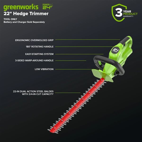 Greenworks 24V 22-in L Dual Blade Laser Cut Hedge Trimmer