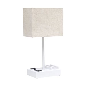 Simple Designs 15.3-in H White Metal Modern Bedside Lamp with USB Ports and Beige Fabric Rectangle Shade
