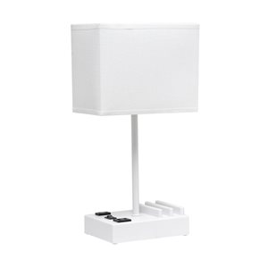 Simple Designs 15.3-in H White Metal Modern Bedside Lamp with USB Ports and White Fabric Rectangle Shade