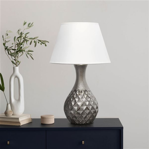 Lalia Home 20.5-in H Nickel Table Lamp w/ Diamond Pattern Base and White Shade