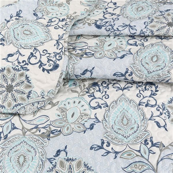 Marina Decoration 3-Piece Blue Mandala Floral Pattern Quilt-Style Bedspread Set - King Size