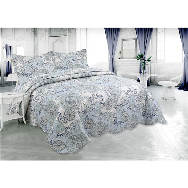 Marina Decoration 3-Piece Blue Mandala Floral Pattern Quilt-Style Bedspread Set - King Size