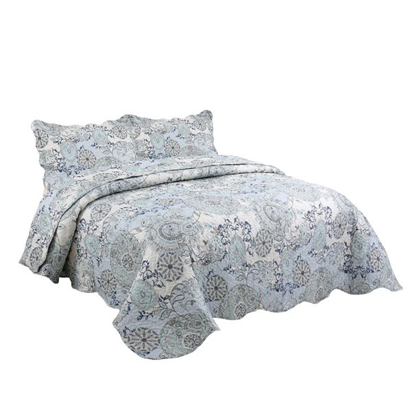 Marina Decoration 3-Piece Blue Mandala Floral Pattern Quilt-Style Bedspread Set - King Size