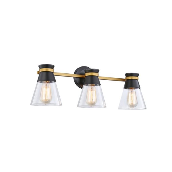 Artcraft Lighting Kanata Black/Brushed Brass Metal 3-Light Bathroom Vanity Light w/ Clear Glass