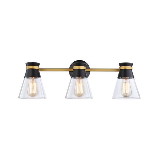 Artcraft Lighting Kanata Black/Brushed Brass Metal 3-Light Bathroom Vanity Light w/ Clear Glass