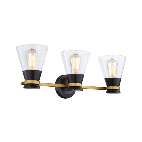 Artcraft Lighting Kanata Black/Brushed Brass Metal 3-Light Bathroom Vanity Light w/ Clear Glass
