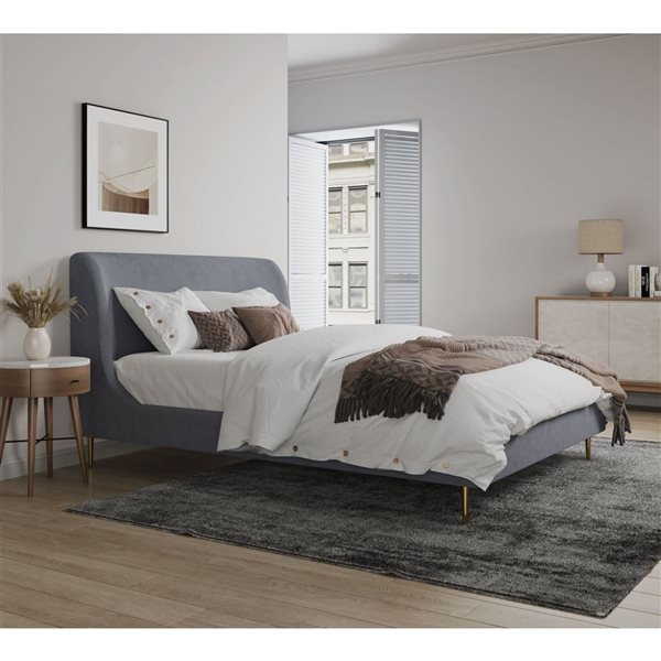 Manhattan Comfort Heather Grey Velvet Upholstered Queen-Size Bed