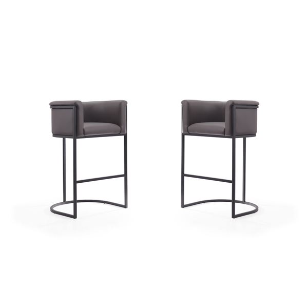 Manhattan Comfort Set of 2 Cosmopolitan Pebble Grey and Black Faux Leather 38-in H Upholstered Metal Bar Stool
