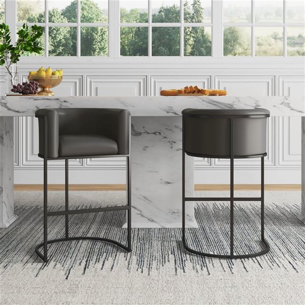Manhattan Comfort Set of 2 Cosmopolitan Pebble Grey and Black Faux Leather 38-in H Upholstered Metal Bar Stool