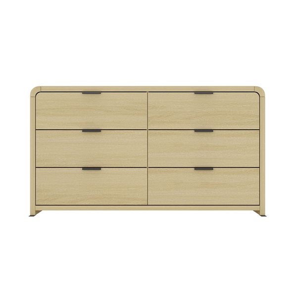 Manhattan Comfort Grace 60-in W 6-Drawer Natural Oak Composite Modern Double Dresser w/ Black Handles