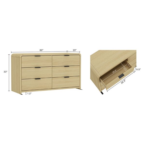 Manhattan Comfort Grace 60-in W 6-Drawer Natural Oak Composite Modern Double Dresser w/ Black Handles
