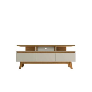 Meuble télé Yonkers 70,9 po Manhattan Comfort avec pieds en bois massif et 6 compartiments, blanc cassé et cannelle