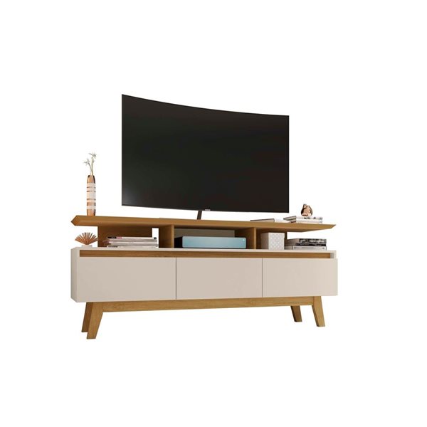 Manhattan Comfort Yonkers 63-in TV Stand w/ Wooden Legs + 6 Media and Storage Compartments - Off White/Cinnamon