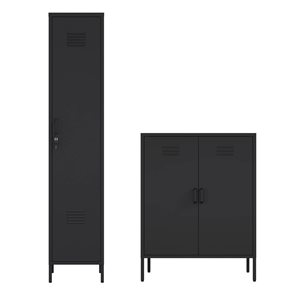 Manhattan Comfort Naomi 2-Piece Black Metal Modern Accent Cabinet and Storage Cabinet Set