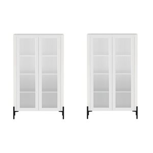 Manhattan Comfort Abbey White Particleboard Modern Ribbed Tempered Glass Cabinet w/ Adjustable Shelves - Set of 2