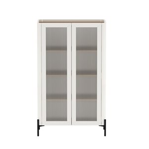 Manhattan Comfort Abbey Maple/Off-White Particleboard Modern Ribbed Tempered Glass Cabinet