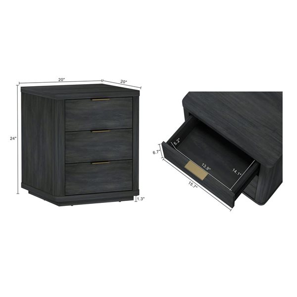 Manhattan Comfort Evelyn 20-in W Charcoal Grey Composite Modern 3-Drawer Nightstand w/ Gold Handles