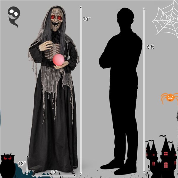 Costway 6-ft H Animatronics Standing Witch w/ Light Up Eyes and Magical Ball Sound Free Standing Halloween Decoration