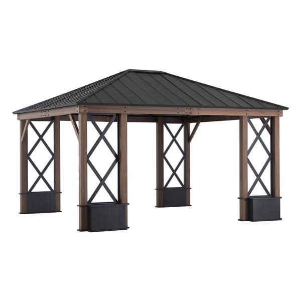 Sunjoy 13 x 15-ft Black Galvanized Steel Aluminum Framed Hardtop Gazebo with Planters Shelves and Private Screen