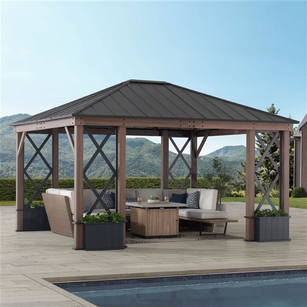 Sunjoy 13 x 15-ft Black Galvanized Steel Aluminum Framed Hardtop Gazebo with Planters Shelves and Private Screen