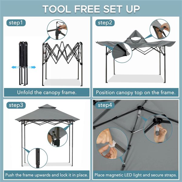 Sunjoy 8 ft. x 5 ft. Double-Tier Grill Gazebo with Magnetic LED Light and Adjustable Height, Grey