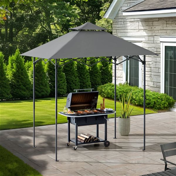 Sunjoy 8 ft. x 5 ft. Double-Tier Grill Gazebo with Magnetic LED Light and Adjustable Height, Grey
