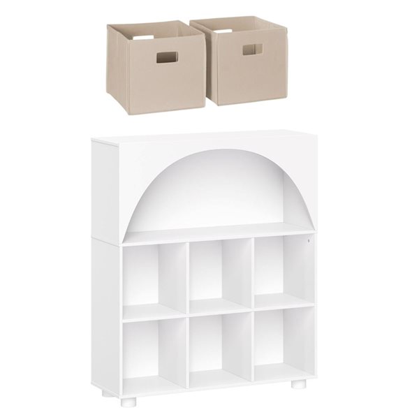 RiverRidge Home Kids' Curve Appeal 35-in Bookcase w/ 6 Cubbies - White + 2 Taupe Fabric Bins