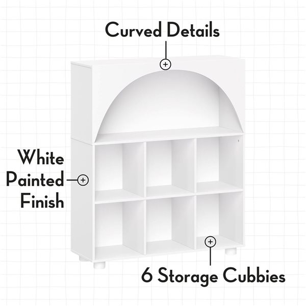RiverRidge Home Kids' Curve Appeal 35-in Bookcase w/ 6 Cubbies - White + 2 Taupe Fabric Bins