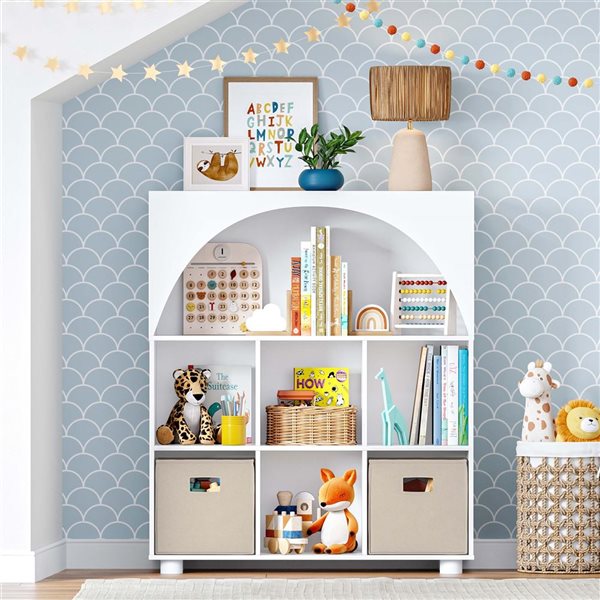 RiverRidge Home Kids' Curve Appeal 35-in Bookcase w/ 6 Cubbies - White + 2 Taupe Fabric Bins