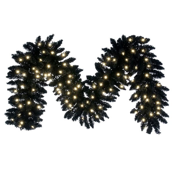 Vickerman 9-ft L Pre-Lit Flocked Black Fir Artificial Halloween Garland w/ Dura-Lit Warm White LED Mini Lights