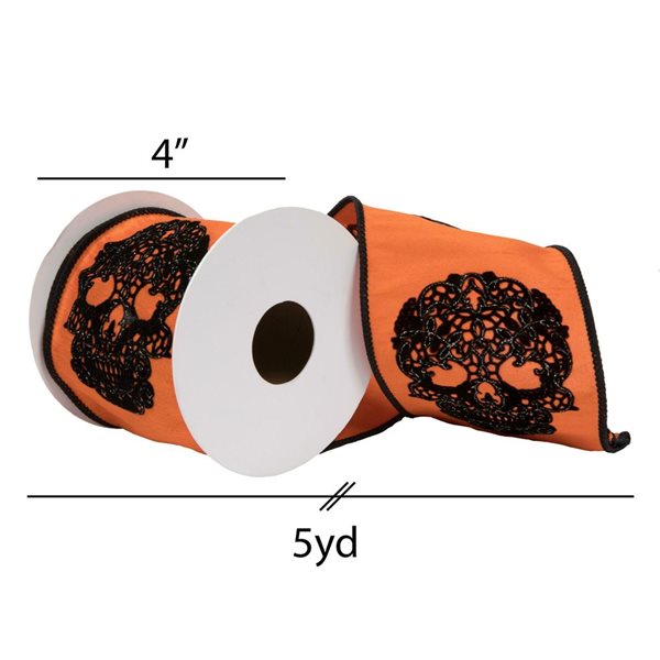 Vickerman 4-in x 5 Yards Orange Lace Skull Flocked-Glitter Dupion Ribbon