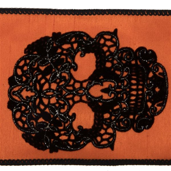 Vickerman 4-in x 5 Yards Orange Lace Skull Flocked-Glitter Dupion Ribbon