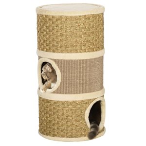 PawHut 14.8 dia x 27.6-in H 3-Hole Indoor Cat Tower w/ Sisal Seaweed Scratching Cover Surface - Khaki/Brown