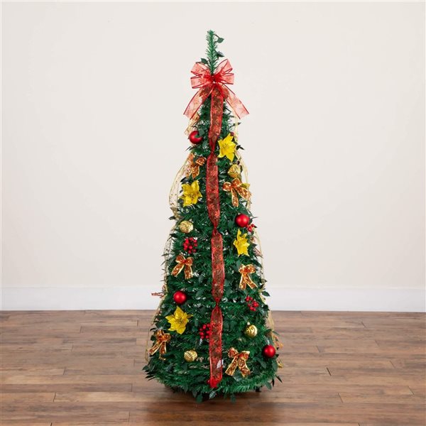 Nearly Natural 5-ft H Pine Pre-Lit Pop up Artificial Christmas Tree w/ Gold/Red Ornaments and 100 Warm White LED Lights