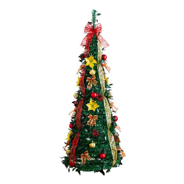 Nearly Natural 5-ft H Pine Pre-Lit Pop up Artificial Christmas Tree w/ Gold/Red Ornaments and 100 Warm White LED Lights