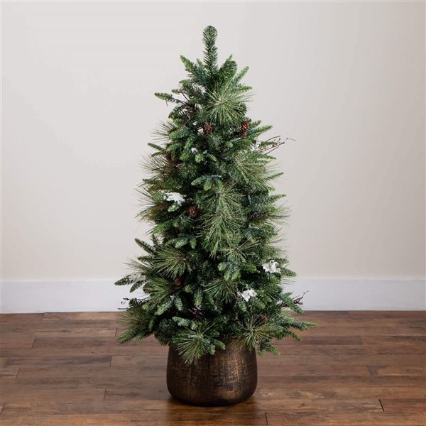 Nearly Natural 4-ft H Pine Pre-Lit Snowed Artificial Christmas Tree w/ Pinecones and 60 Warm White LED Lights