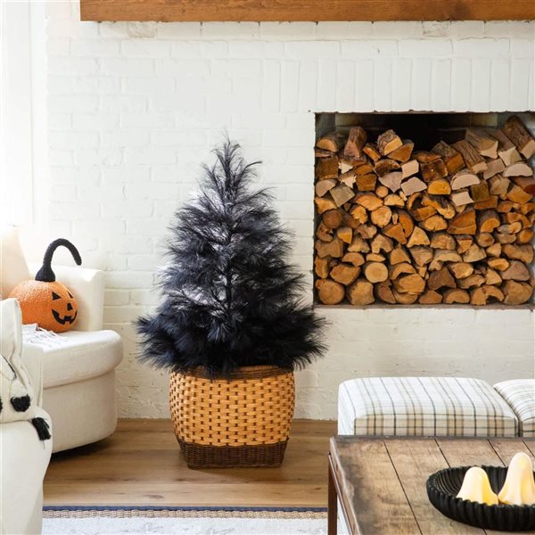 Nearly Natural 4-ft H Black Pampas Grass Artificial Halloween Tree w/ Leg Base