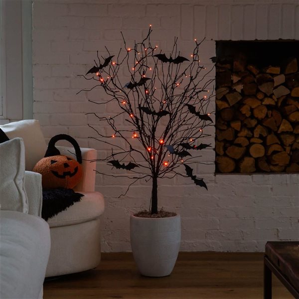 Nearly Natural 4-ft H Pre-Lit Black Twig Artificial Halloween Tree w/ Bats and 50 Orange LED Lights