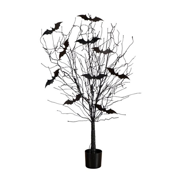 Nearly Natural 4-ft H Pre-Lit Black Twig Artificial Halloween Tree w/ Bats and 50 Orange LED Lights
