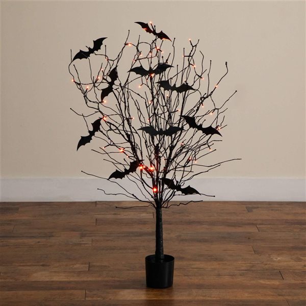 Nearly Natural 4-ft H Pre-Lit Black Twig Artificial Halloween Tree w/ Bats and 50 Orange LED Lights