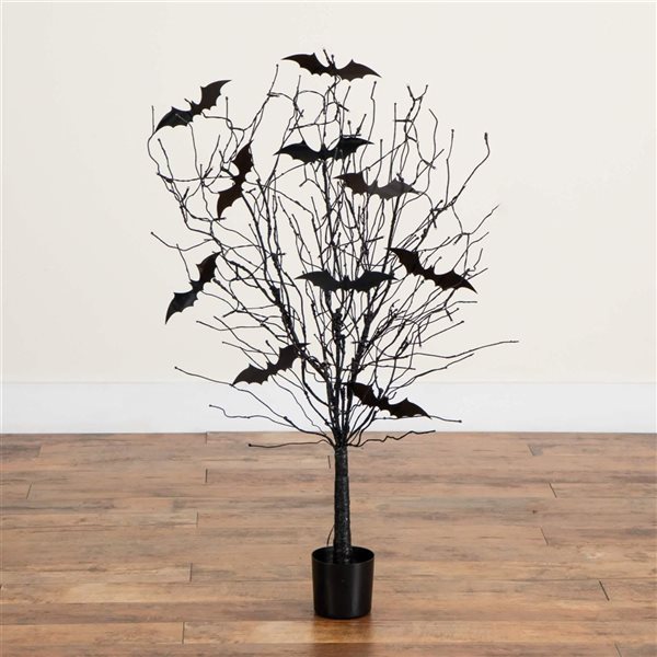 Nearly Natural 4-ft H Pre-Lit Black Twig Artificial Halloween Tree w/ Bats and 50 Orange LED Lights