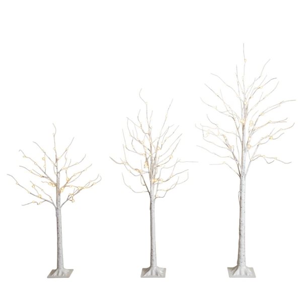Nearly Natural Set of 3 4-ft/5-ft/6-ft Pre-Lit White Birch Artificial Christmas Tree w/ Leg Base