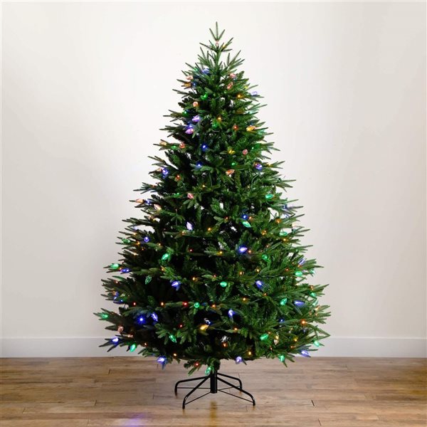 Nearly Natural 7-ft H Luxembourg Pine Pre-Lit Artificial Christmas Tree w/ 340 Multicoloured Traditional Bulb LED Lights