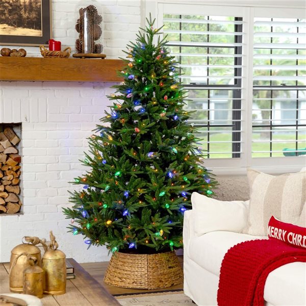 Nearly Natural 7-ft H Luxembourg Pine Pre-Lit Artificial Christmas Tree w/ 340 Multicoloured Traditional Bulb LED Lights