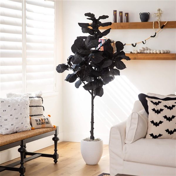 Nearly Natural 6-ft H Black Fiddle Leaf Artificial Halloween Tree w/ Potted Base